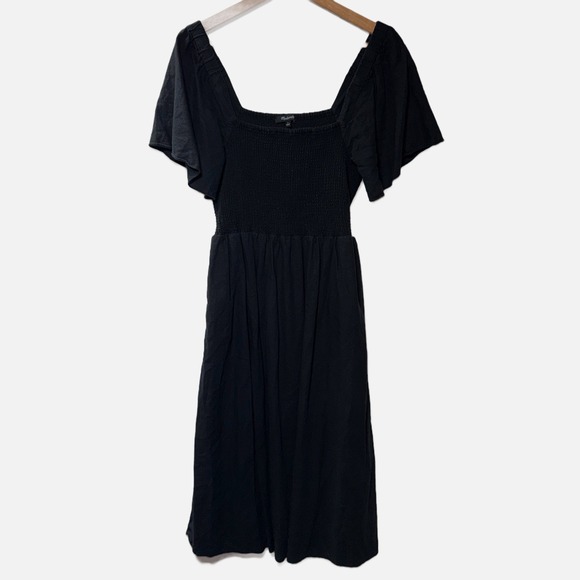 Madewell Lucie Black Smocked Square Neck Flutter Sleeve Linen Blend Midi Dress L - Picture 2 of 11
